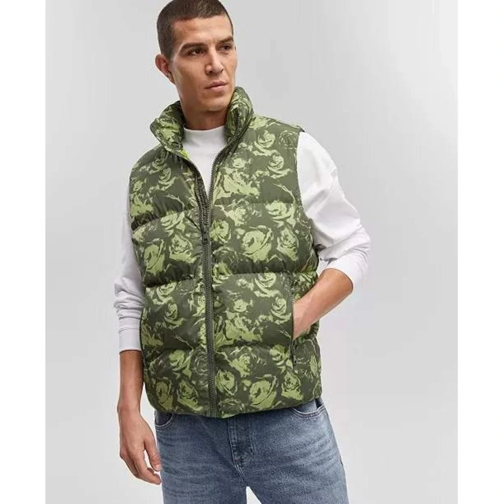 Mode of One Mens Puffer Vest Wild Ivy Green Floral Print Full Zip Small FA24